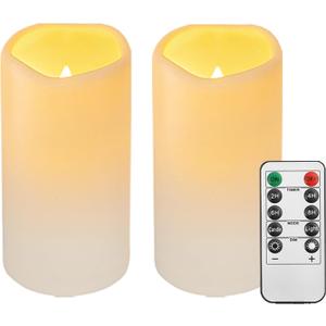 2PACK Outdoor Plastic flameless Candles with Remote Control and Timer, LED Flickering Battery Operated Electric Pillar Candles (D3 xH5.5) for Camping, Weddings, Home Decoration (lvory -warm light-Plastic2)