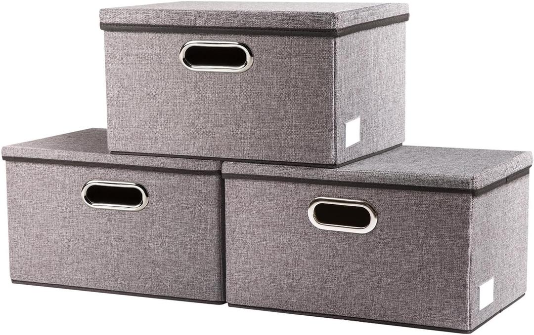 PRANDOM Storage Bins with Lids [3-Pack] Linen Fabric Foldable Storage Boxes Organizer Containers Baskets Cube with Cover for Home Bedroom Closet Office Nursery Grey11.4X8.6X6.7 (Gray)