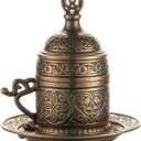 Moroccan Style 2 Oz Metal Porcelain Espresso Cups, Turkish Greek Arabic Coffee Cups with Lid and Saucer, Small Demitasse for Double Shot, Latte, Cafe Mocha, Tea, Gifts for Men Women (Antique Brass)
