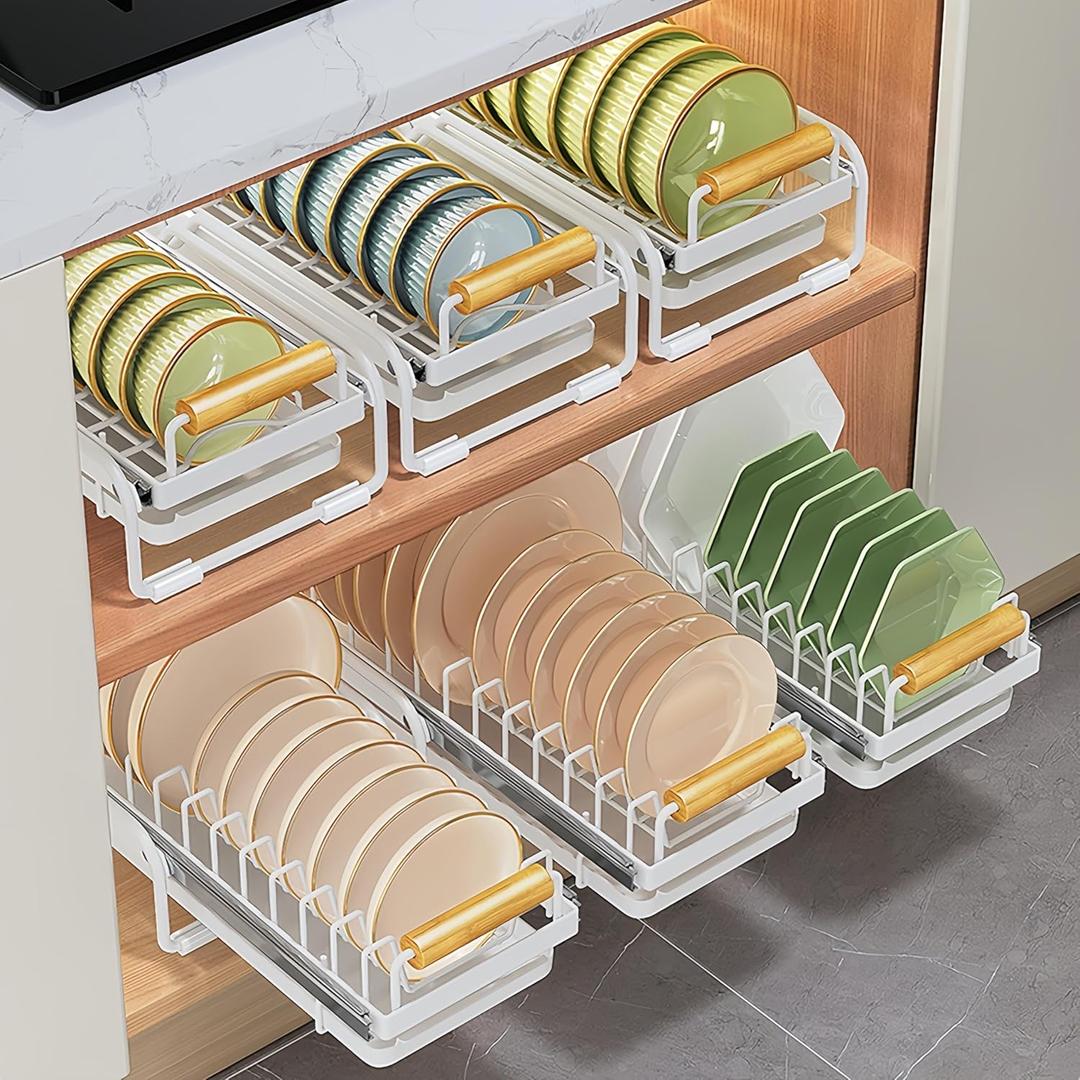 Pull-Out Double/Single Tier Dish Rack for Cupboard, Slide Out Dish Drying Rack for Kitchen Cabinets, Pull Out Drawer for Kitchen Under Sink Organizer (Single Tier Bowl Rack)