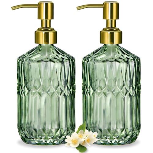 COHOSEGE 17 Oz Green Glass Kitchen Soap Dispenser for Dish Soap, 2 Pack Bathroom Soap Dispenser Set with Gold Rust Proof Pump for Lotion, Hand soap or Body Wash