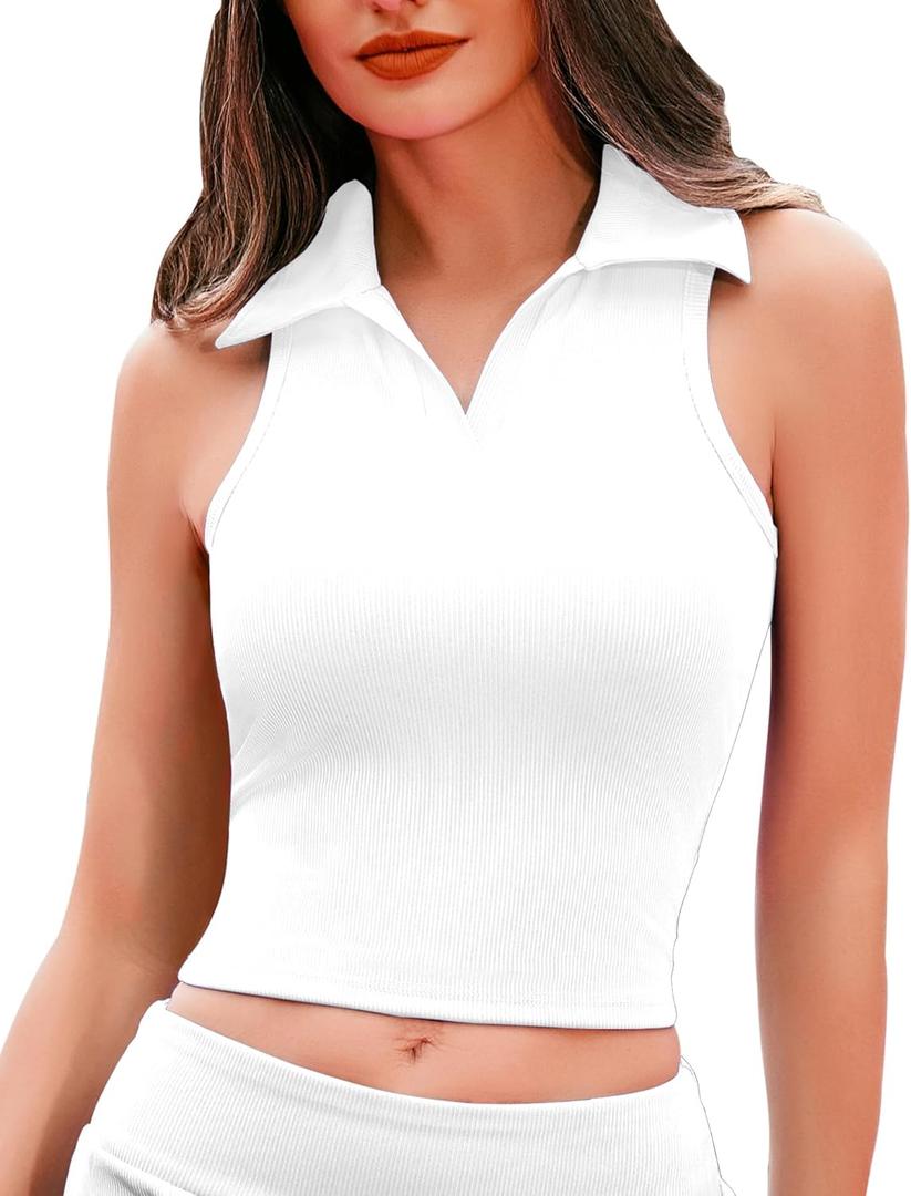 HyMeYou Women Workout Crop Top Built in Bra Ribbed Athletic Tank Tops Casual Sleeveless Collar Shirts Padded Sports Yoga Vest (Small)   