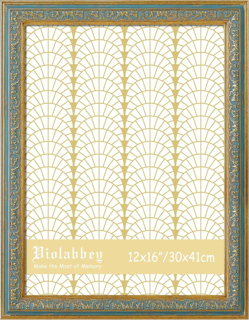 VIOLABBEY 12x16 Picture Frame Blue, Vintage Photo Frames Ornate without Mat for Wall Hanging