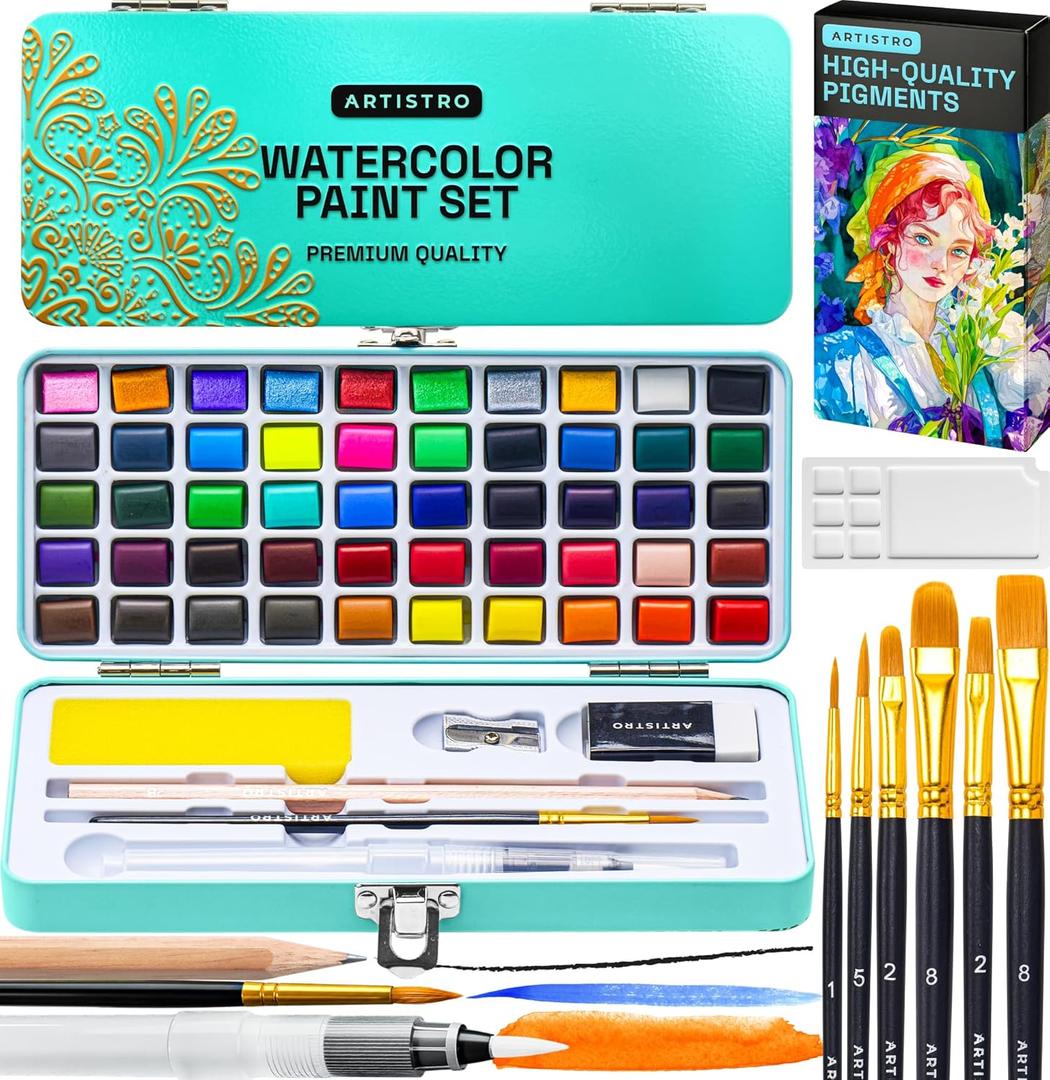 ARTISTRO 50 Color Watercolor Paint Set - Portable Paint Art Kit with Palette and Brush Pens - Travel Watercolor Set for Adults, Professionals, Kids - Art and Painting Supplies - Gift Idea