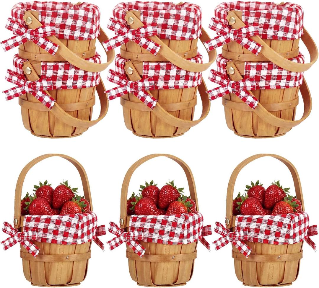 Geelin 6 Pcs Mini Picnic Basket with Handle, Small Woven Baskets Farmhouse 4.72 X3.94in Miniature Berry Strawberry Basket with Red White Gingham Liner Picnic Baskets for Wedding Party Decor