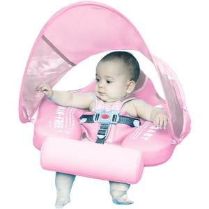 Mambobaby Float with Canopy Size Improved Non Inflatable Infant Baby Pool Float Smart Mambo Float Swim Trainer Add Tail Baby Swim Float Mambo Baby Float Solid Air Free Water Waist Swimming Ring, Pink And Blue, Pack of 2
