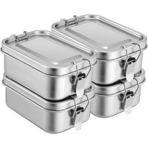 Giantree 4 Pcs Stainless Steel Food Containers 550ml Metal Bento Lunch Box Stainless Steel Food Storage Containers, Lockable Clips to Leak Proof, Reusable Dishwasher Snack Boxes for Work