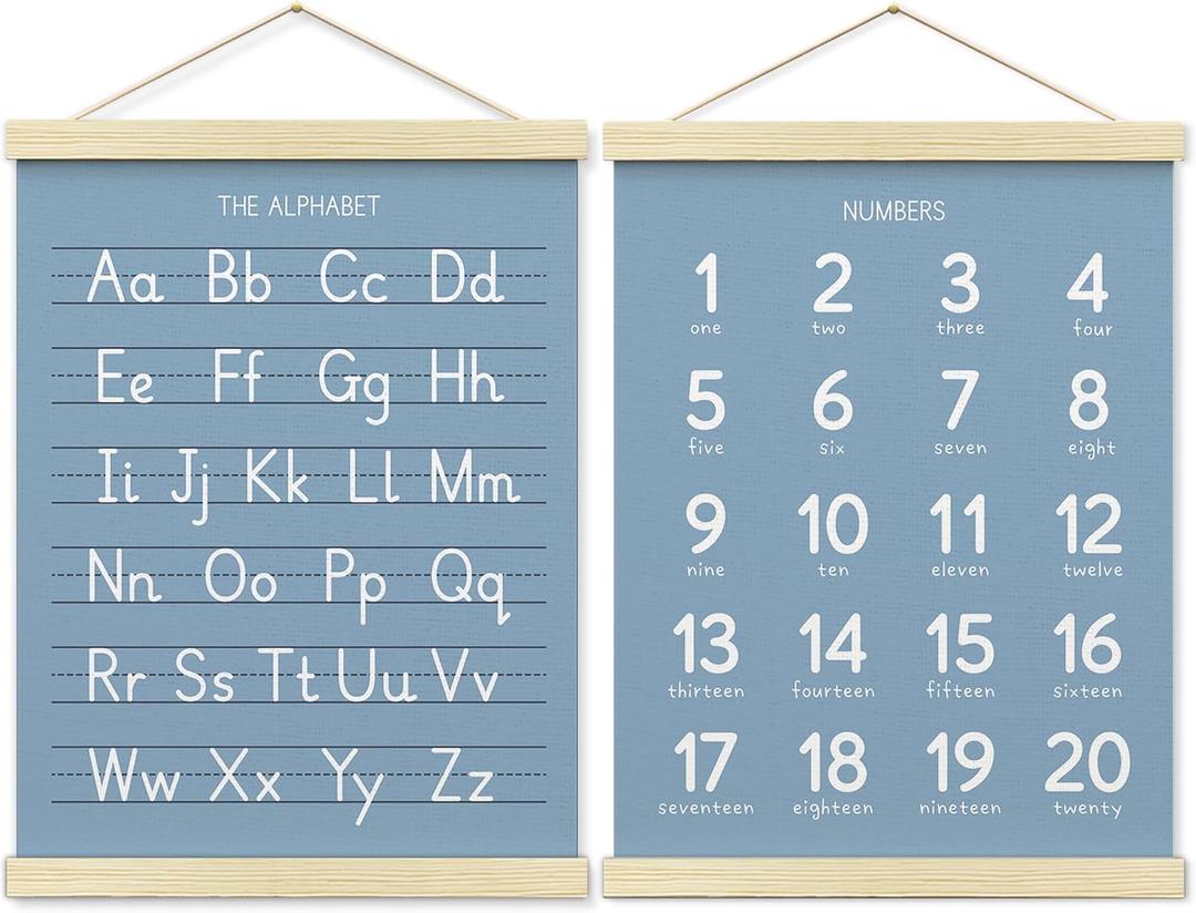BONETAT Numbers alphabet poster for Nursery Toddlers, Play Room Wall Decor,ABC Wall Chart, Wall Hanging Decor for Toddler Playroom Decor Kids Wall Decor, Wooden Frame Alphabet Banner-A07