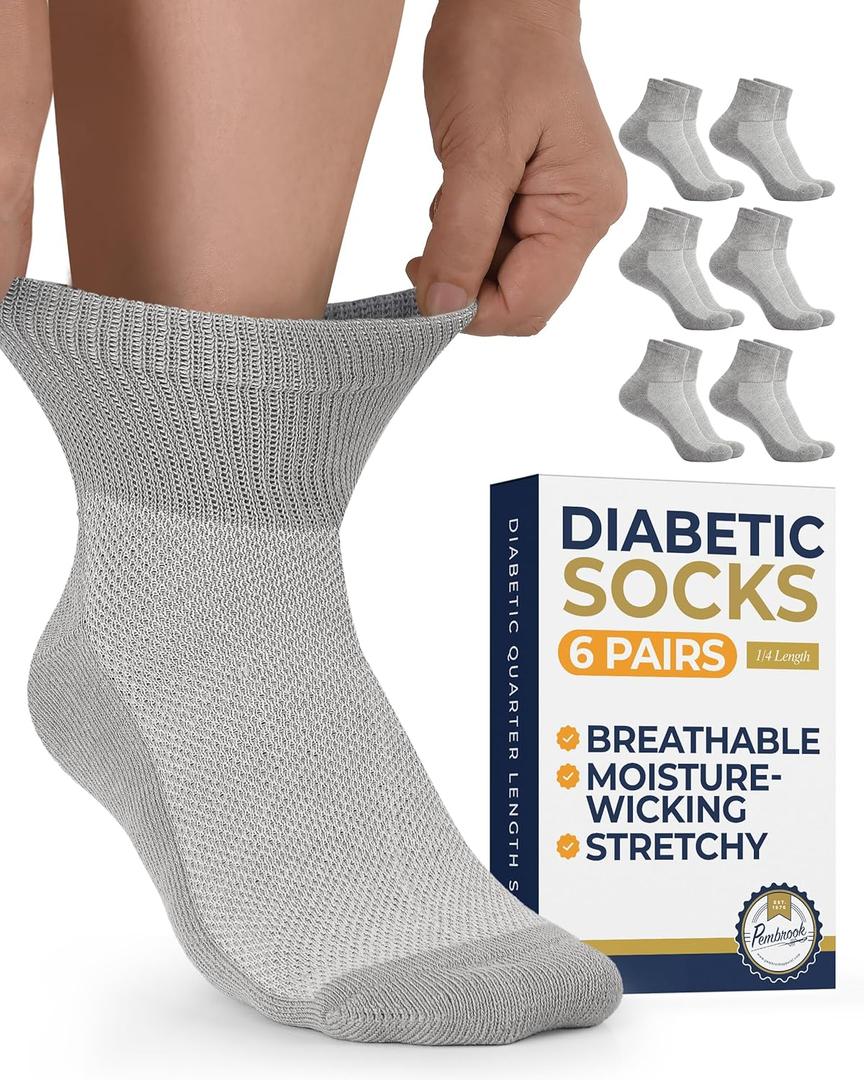 Pembrook Ankle Diabetic Socks for Women & Men | 6 Pairs | Wide Non Binding Socks Quarter Length | Edema Neuropathy Socks (Medium), Gray