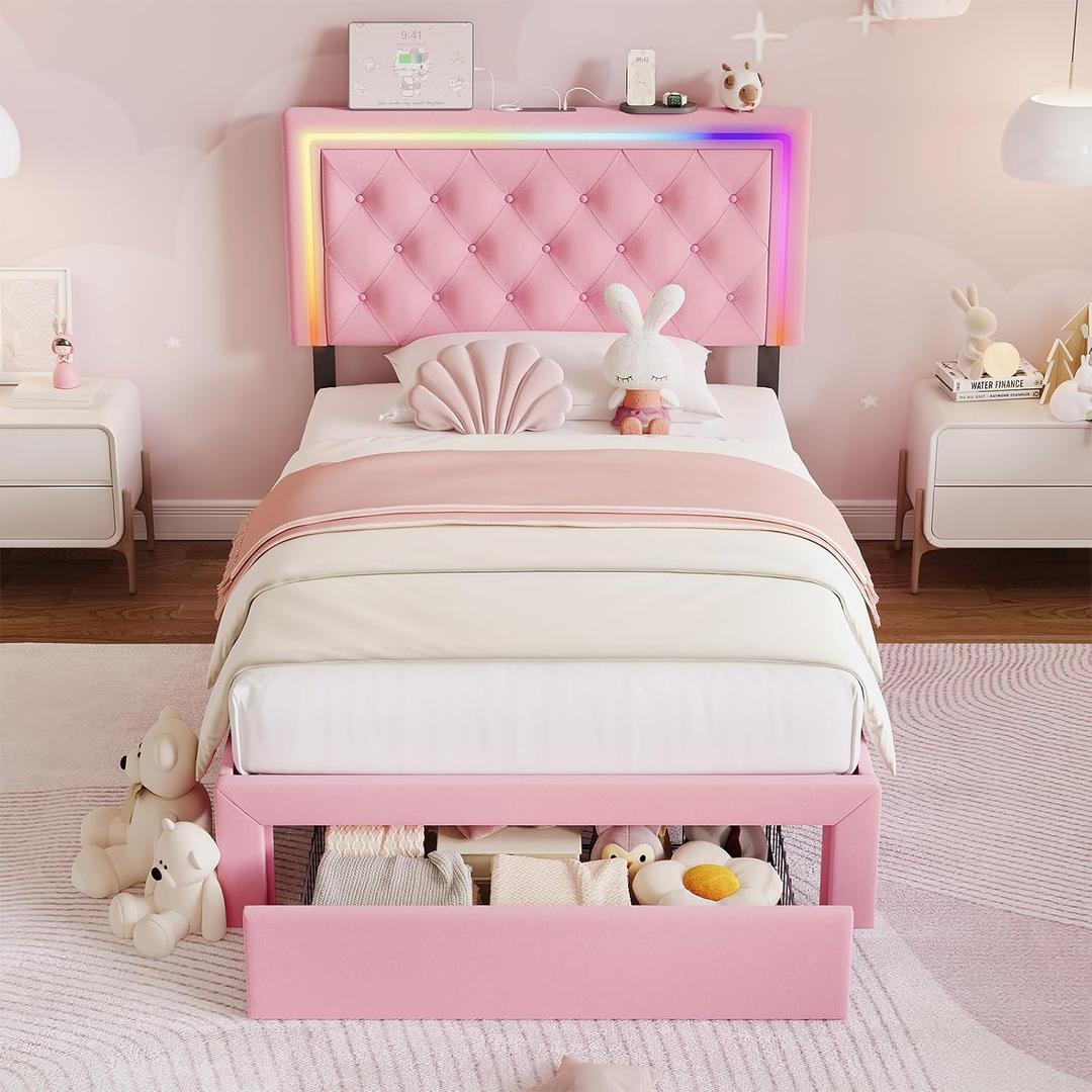Twin Bed Frame with LED Lights and Storage Drawer, Pink Velvet Upholstered Twin Size Bed Frame with Charging Station and Adjustable Headboard, Wooden Slat Support, No Box Spring Needed,Pink