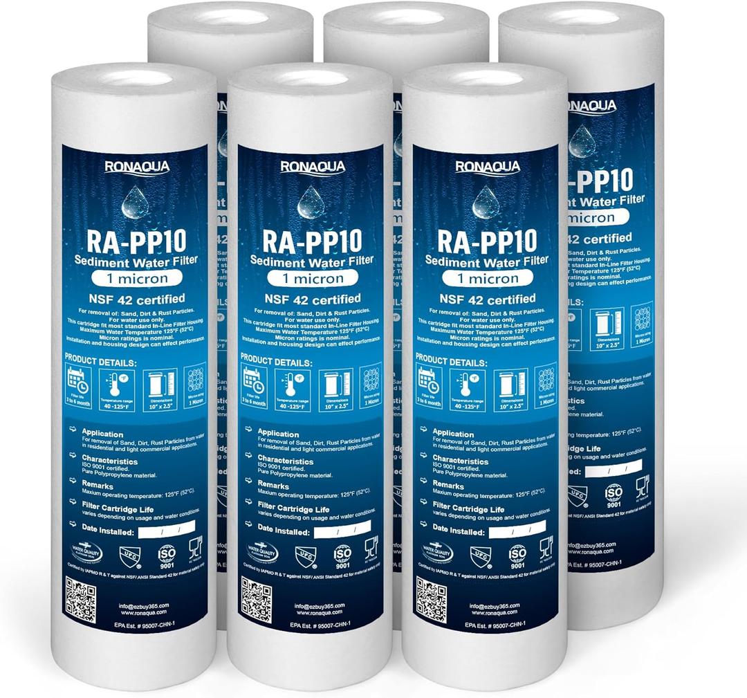 Ronaqua 1 Micron Sediment Water Filter Cartridge 10"x2.5", NSF Certified, 4-Layer Filtration for any 10-inch RO Units & Whole House Systems, Compatible with Culligan P5, AP110, WHKF-GD05, 6 Pack