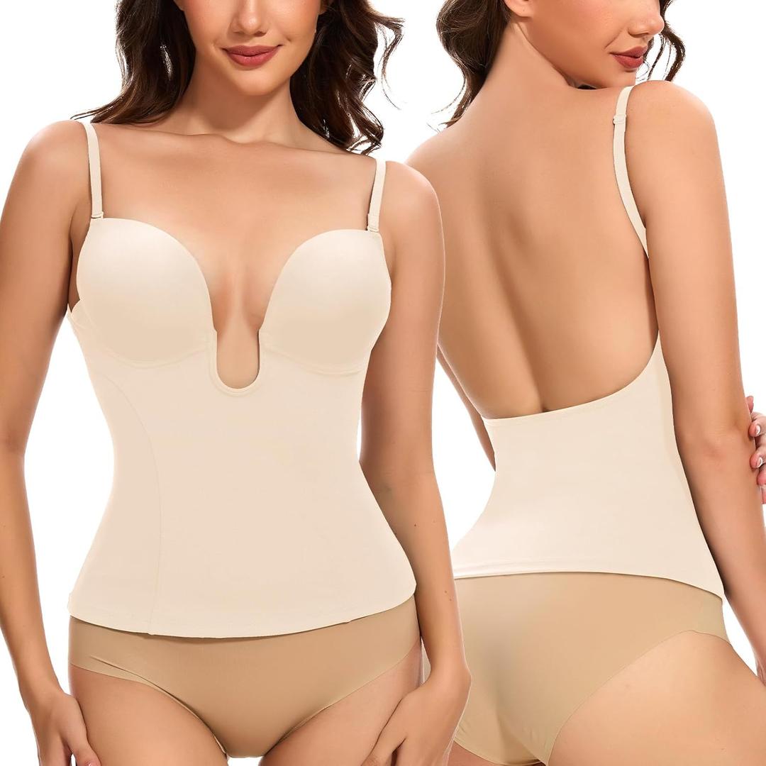 Slimers Backless Plunge Push Up Bra: Low Back Bras for Deep V Neck - Women Low Cut Shapewear Tops for Women (X-Large, Beige)