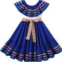 Mexican Dress for Girls Floral Embroidered Traditional Mexican Folklorico Dress Toddler Cinco de Mayo Fiesta Party Dresses (Blue, 7-8 Y)