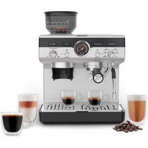 KRUPS Precision Espresso Coffee Machine with Grinder, Latte & Cappuccino Maker, Pump Pressure + Milk Frother Steam Wand, Adjustable Grind Settings for Barista-Quality Results, Stainless Steel & Black