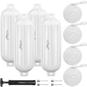 Boat Fenders 4 Pack 8.5 x 27 Inches Ribbed Twin Eyes Boat Fenders Bumpers for Docking, Comes with Ropes and Pump to Inflate (Polar White)
