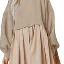Dokuritu Sweatshirt Dress Women Crew Neck Long Sleeve Patchwork Pullover Tops Flowy Oversized Sweatshirt Mini Dress (Medium, Khaki)