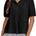 MISMI Women's 2026 Summer Button Down Shirts Short Puff Sleeve Collared V Neck Cotton Casual Blouse Tops Black, X-Large