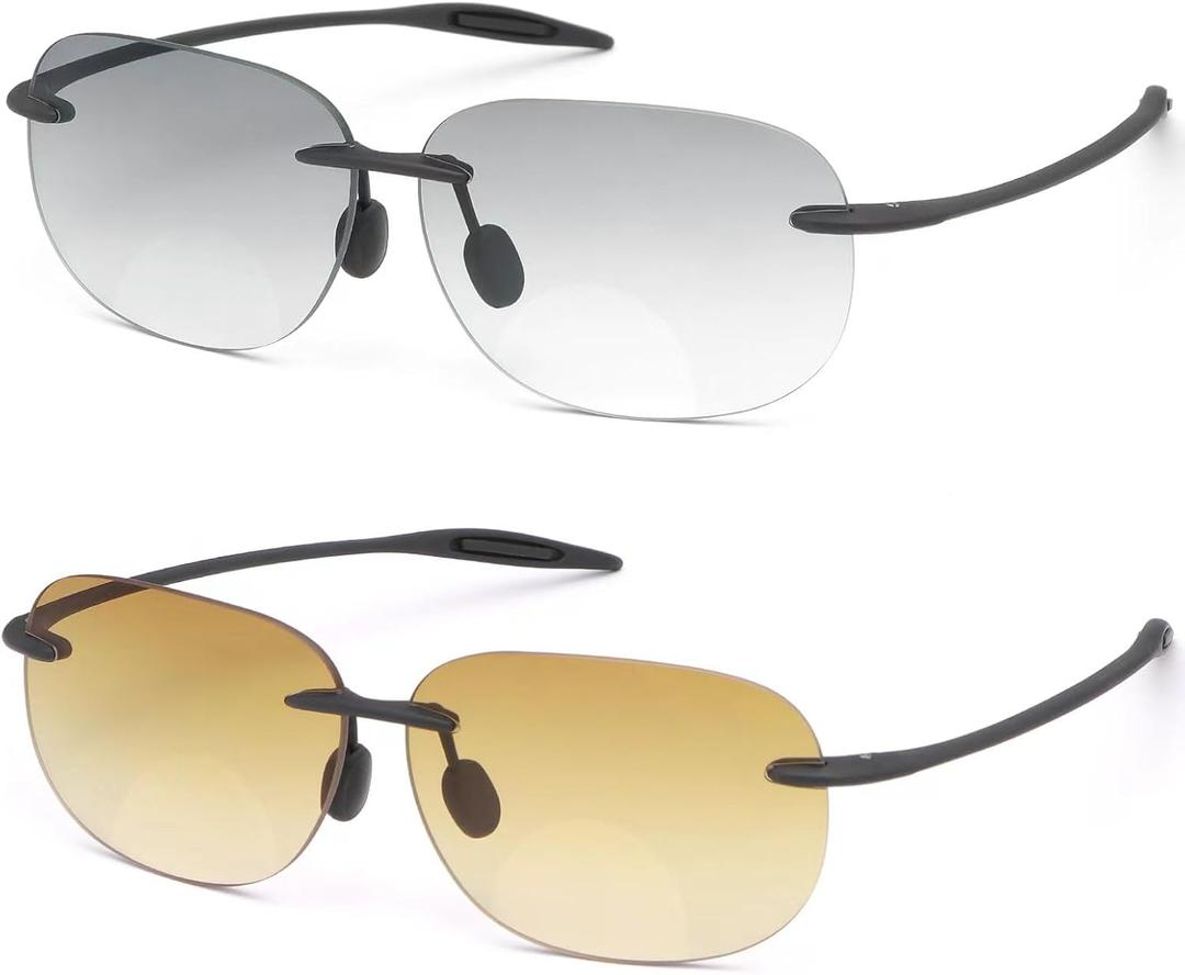 2 Pairs Rimless Bifocal Reading Anti Blue Light UV Sunglasses Far and Near Dual Use Lightweight Eyewear for Men Women, +2.00
