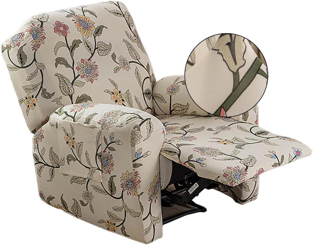 CRFATOP Printed Recliner Cover with Pockets Single Reclining Slipcover 4-Pieces Lazy Boy Recliner Sofa Chair Cover with Elastic Bottom for Recliner Furniture Protector for Kid Pet,28