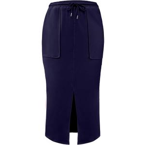 SOFIA'S CHOICE Women's Drawstring Midi Skirts High Elastic Waist Skirt (Blue, L)