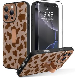 OOK for iPhone 16 Pro Case with Screen Protector, Cute Cow Print Design with Adjustable Finger Strap Kickstand Full Body Protection for Women Men Phone Cover-Brown