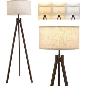 ELYONA Wood Tripod Floor Lamp for Bedroom, 3 Color Temperatures & Linen Shade, Modern Reading Standing Lamp with 9W LED Bulb, Mid Century Night Light for Farmhouse, Living Room, Office, Walnut (Walnut)