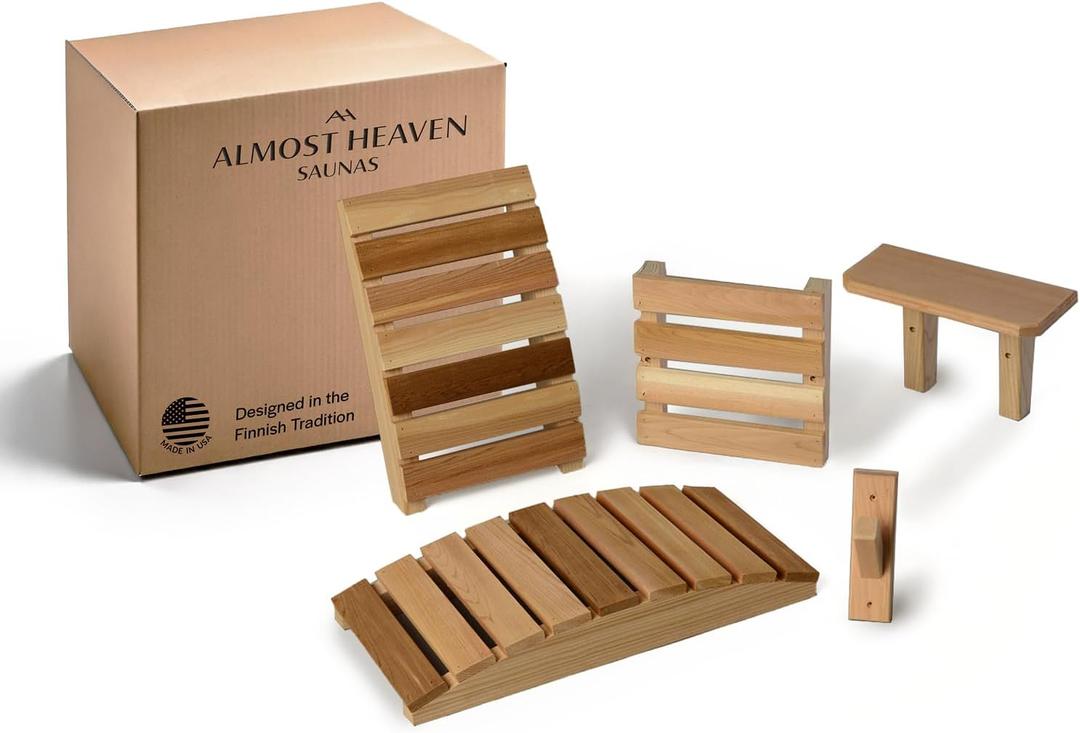 Red Cedar Sauna Accessory Kit, 4-Piece Set | Includes Red Cedar Backrest, Leg Lift, Drink Shelf & Robe Hook, For Traditional & Infrared Saunas, Made In USA
