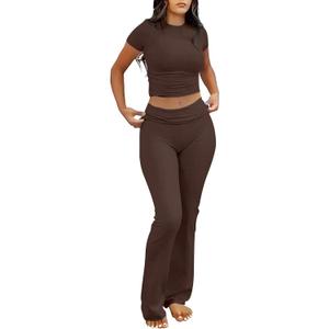 ANRABESS Lounge Sets for Women 2 Piece Foldover Yoga Flare Leggings Pants Crop Tops Casual Y2K Outfits Matching Tracksuit Set (Medium, Brown)