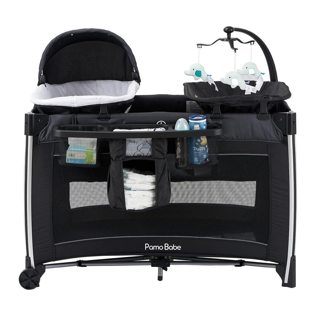 Pamo Babe 4 in 1 Baby Playards with Bassinet & Changing Table, Portable Crib Breathable Mesh and Toy Mobile (Black)
