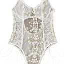 Lilosy Women Sexy Lace Up Floral Embroidered Teddy Lingerie Bodysuit Top Mesh Sheer One Piece (White, XL)