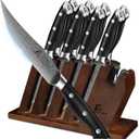 CoquusAid Steak Knives Set of 8 with Block Built-in Sharpener, 4.8 Inch Non Serrated Razor-Sharp Durable Dinner Knives, German Stainless Steel Damascus Pattern Full Tang Forged, Easy to Maintain