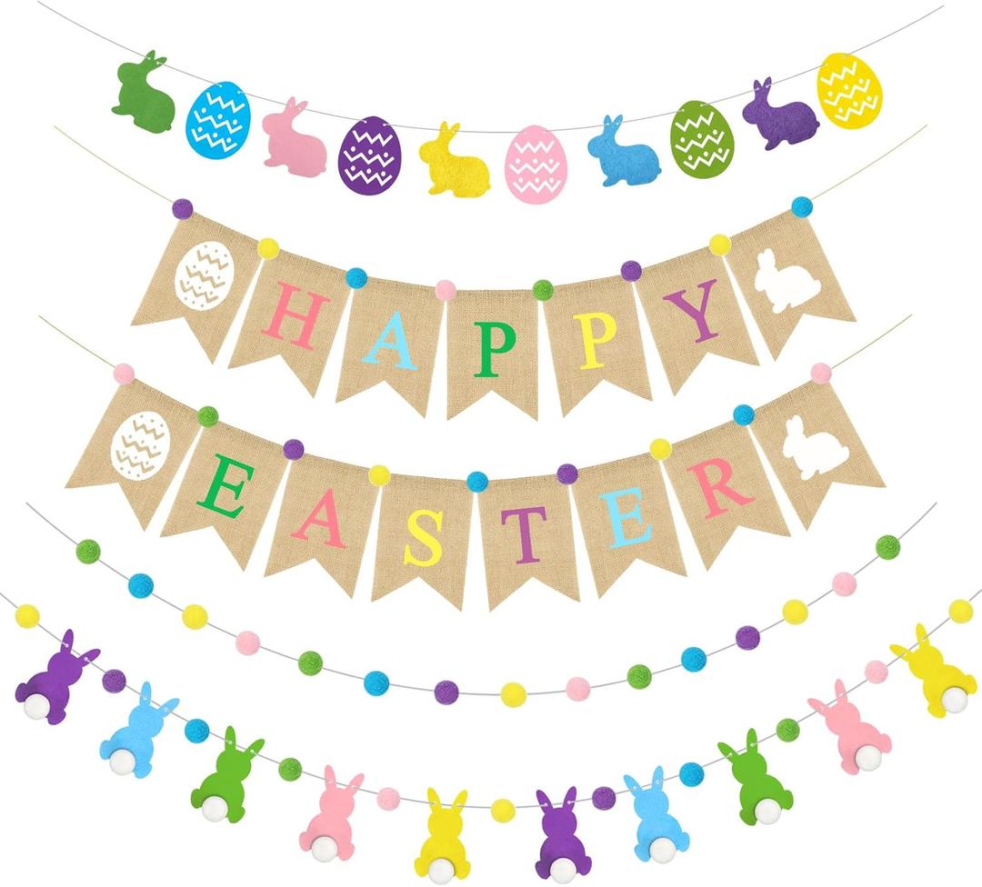 Ouddy Life 5Pcs Happy Easter Burlap Banner, Easters Felt Ball Bunny Garland with Pom Poms for Happy Easter Decorations Home Spring Farmhouse Mantle Office Party Kids Egg Hunts Indoor Outdoor Decor