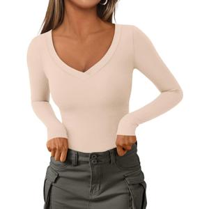 PRETTYGARDEN Women's V Neck Long Sleeve Shirts | Soft Stretchy Fitted Tshirts, 2026 Fall Trendy Casual Going Out Tops, Winter Lightweight Underscrub Layering Clothes (Beige, M)