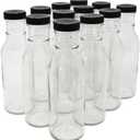 nicebottles Clear Glass Beverage/Sauce Bottles, 12 Oz, Black Caps - Case of 11