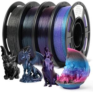 3D Printer Filament, Galaxy Glitter PLA Filament 1.75mm, Chameleon Color Shift & Shiny Glitter Bundle, 4  250g Spools for FDM Printers (Burnt Titanium/Nebula Purple/Glitter Galaxy Rainbow/Glitter Galaxy Black)