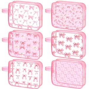 Kacctyen 6 Pcs Coquette Pink Bow Makeup Bags Gifts Accessories for Cosmetic Bags Pink Bow Gift Clear PVC Cheer Case Toiletry Zipper Pouch Waterproof Travel Toiletry Handbag Purses Organizer for Women
