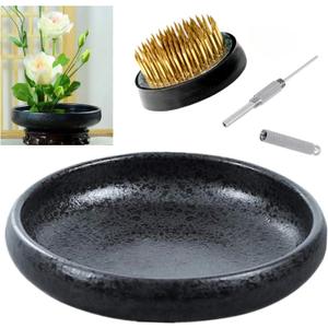 Japanese Ikebana Vase Kit, Flower Shallow Container Ceramics Ikebana Vase with 1.57inch Flower Frog and Floral Frog Floristry Kenzan Needle Straightening Tool 