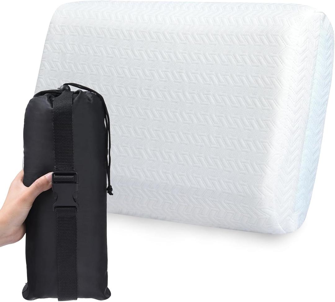 Vekkia Travel Pillow, Camping Pillow with Washable Cover,Portable Memory Foam Pillow, Ergonomic Supportive Pillow with Carry Bag,Ideal for Travel, Backpacking, Hiking, Airplane and Car-M (White)