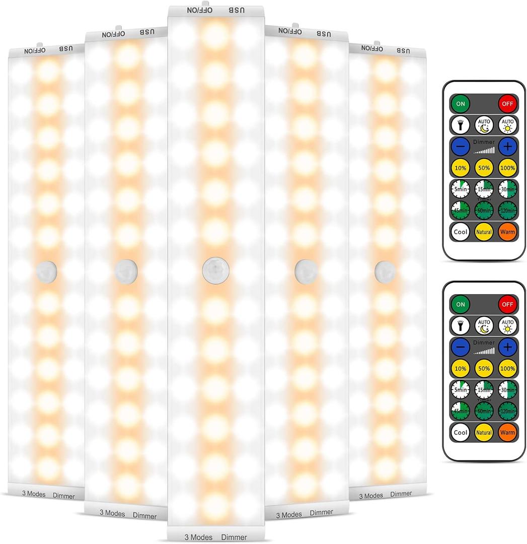 Alivation 38 LED Closet Lights, Under Cabinet Lighting Battery Operated Lights with Remote Wireless, 1500mah Battery Powered Lights, USB Rechargeable Motion Sensor Light Indoor, Dimmable 5 Pack (Cool White/ Natural White/ Warm White-5 Pack)