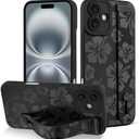 Fiyart Designed for iPhone 16 Plus Case Cute Flowers with Strap Soft TPU Phone Cover Plustective Camera Lens Plustection for Women Men Floral Bumper with Stand 6.7"-Black