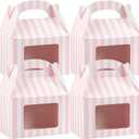 Bio Tek 4 x 2.5 x 2.5 Inch Gable Boxes For Party Favors, 25 Attractive Gift Boxes - Striped Pattern, Pink And White Paper Barn Boxes, Clear PET Window, With Built-In Handle