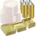 BESTVIP 600PCS Clear Gold Dinnerware Set for 100 Guests, Plastic Plates for Party, Christmas and New Year, 100 Disposable Plates, 100 Dessert Plates, 100 Cups, 100 Spoons, 100 Forks and 100 Knives