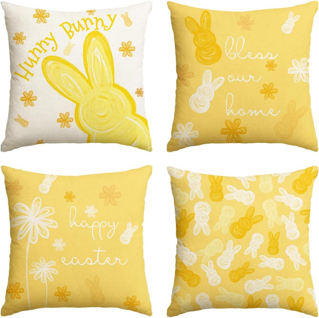 AVOIN colorlife Happy Easter Hunny Bunny Yellow Throw Pillow Covers, 18 x 18 Inch Bless Our Home Flowers Cushion Case Decoration for Sofa Couch Set of 4