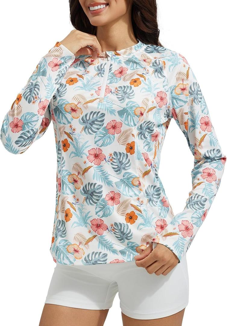 baleaf Women's 1/4 Zip Rash Guard Swim Shirts with Zipper Pocket UPF 50+ Long Sleeve Sun Protection Swimsuit Tops (Large, White Floral)