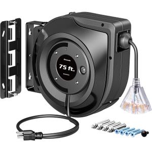 DEWENWILS 75FT Extension Cord Reel, 14/3C SJTOW Retractable Extension Cord Reel, Lighted Triple Outlets, 10A Circuit Breaker, Heavy Duty Power Cord, UL Listed, Ceiling/Wall Mount (Black)
