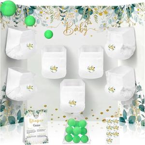 Ctosree 31 Pieces Greenery Baby Shower Diaper Game 1 Diaper Baby Shower Game Board 7 Diapers 10 Plastic Balls 1 Organza Bag for Bridal Games Boy Girl