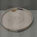 Coffee Table Tray Round Rattan Ottoman Tray Woven Serving Trays with Handles for Home and Kitchen Decorative Whitewash (Large 16.9 inch)