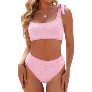 Blooming Jelly Womens High Waisted Bikini Set Tie Strap Jacquard Terry Cloth 2 Piece Swimsuit Modest Cute Retro Bathing Suit (Large, Light Pink)