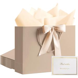 PASEOTA 12.6" Gift Bags Bulk, 10 Pcs Gift Bags with 20 Tissue Paper 10 Greeting Cards, Luxury Bag with Handles for Anniversary Wedding Birthday Christmas (Champagne)