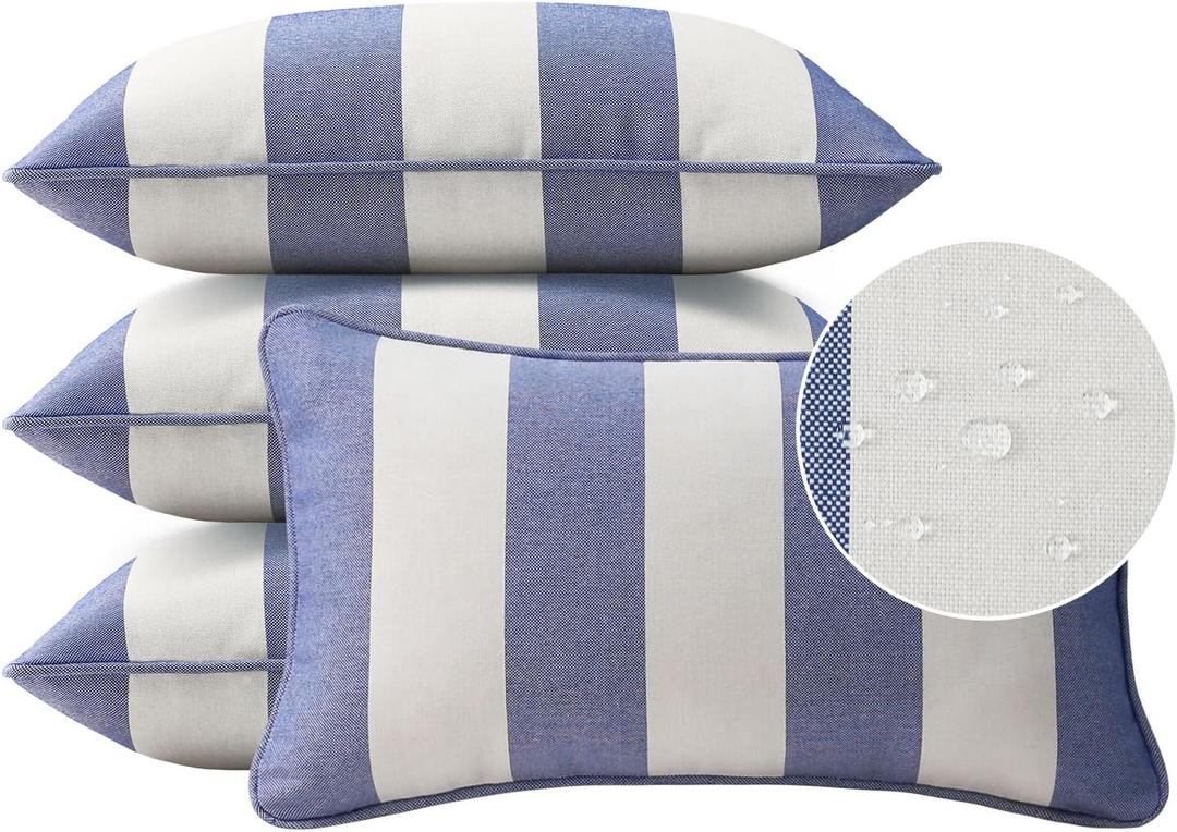 Decorative Outdoor Water Repellent Throw Pillows with Inserts, Set of 4, 20" x12" Pillows for Patio, Backyard, Bed, Couch, and Patio Furniture, Navy Stripe Decorative Outdoor Water Repellent Throw Pillows with Inserts, Set of 4, 20" x12" Pillows for Patio, Backyard, Bed, Couch, and Patio Furniture, Navy Stripe